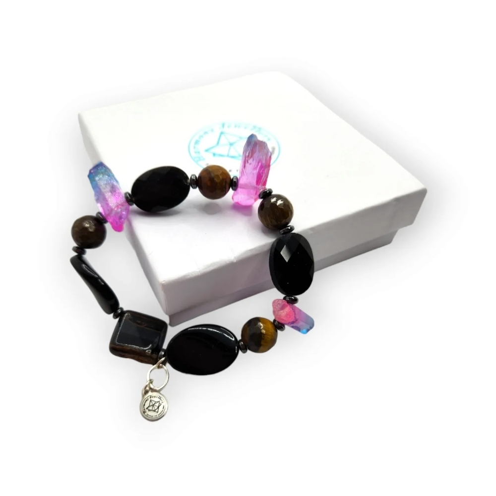 Black Obsidian, Aura Quartz Charm bracelet